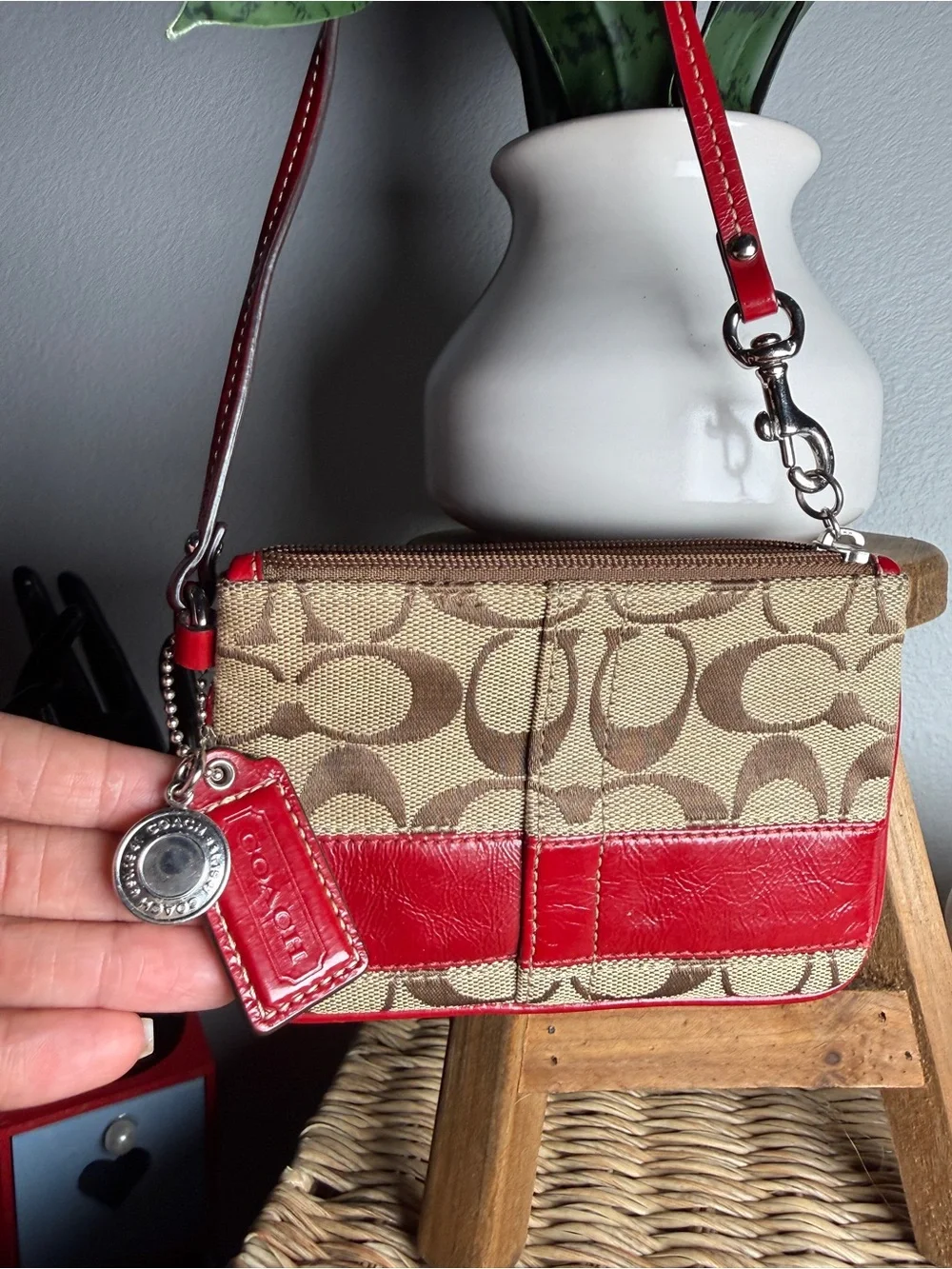 Coach Signature Canvas Wristlet with Red Leather Trim